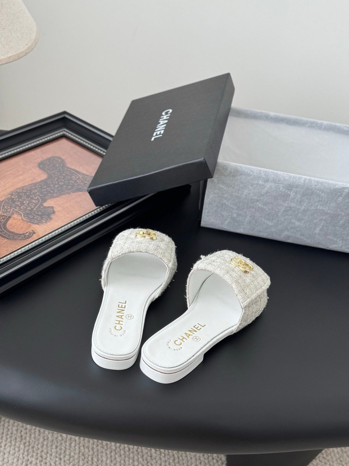 Chanel Women Beige Tweed Slides