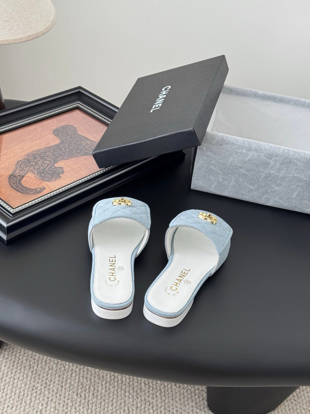 Chanel Women Light Blue Quilted Fabric Slides