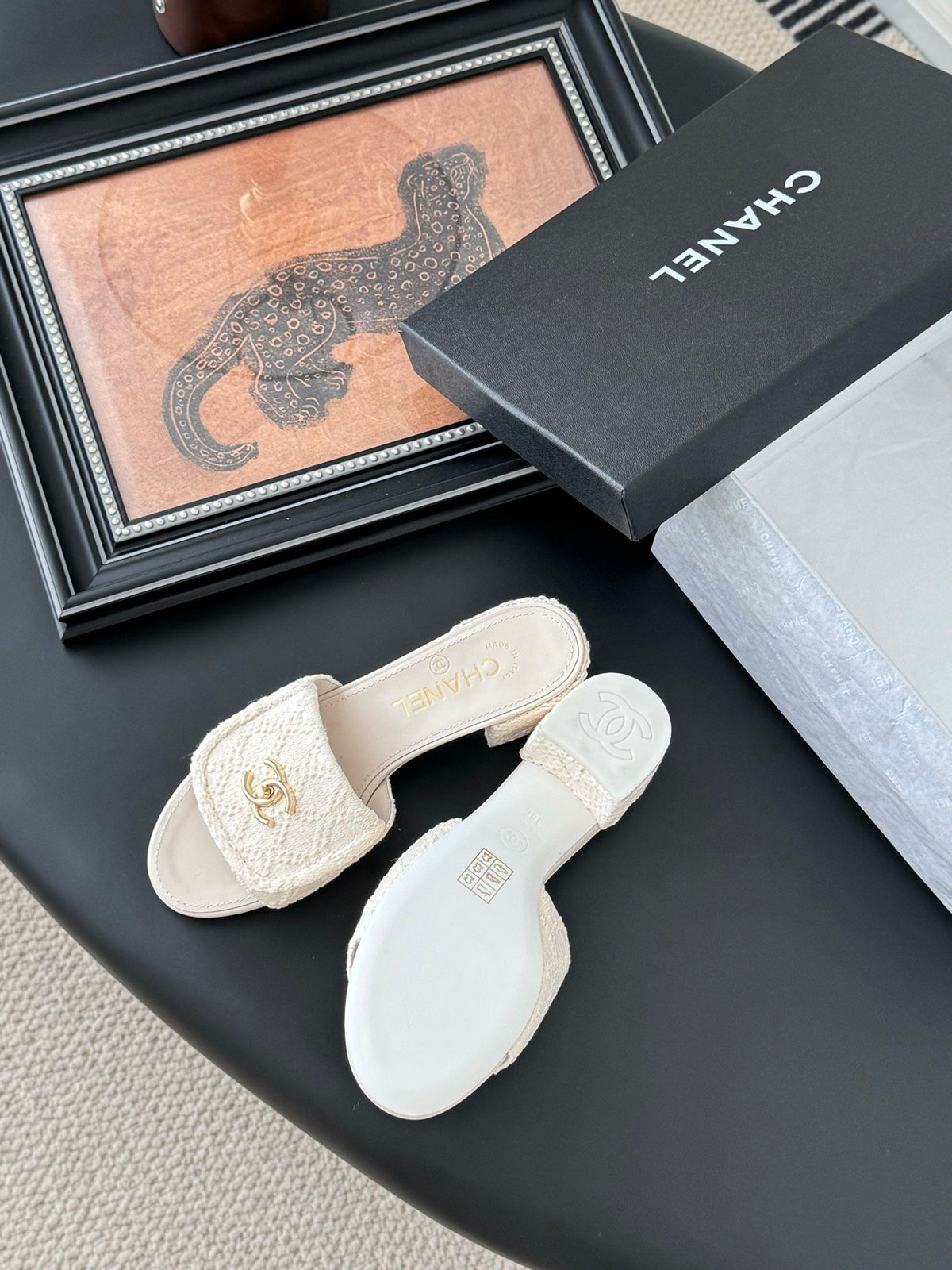 Chanel Women Cream Tweed Slides