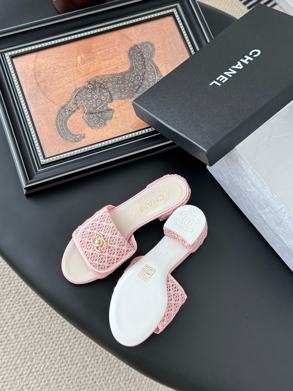 Chanel Women Pink Woven Leather Slides