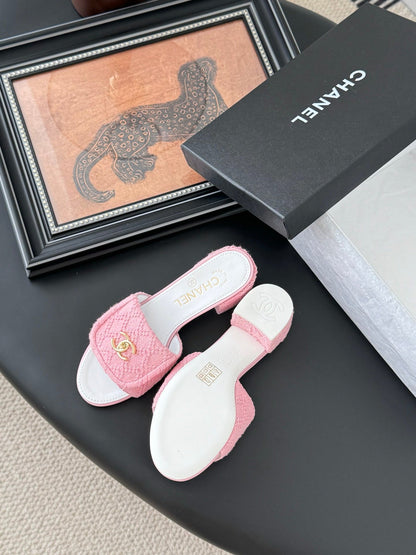 Chanel Women Pink Tweed Slides