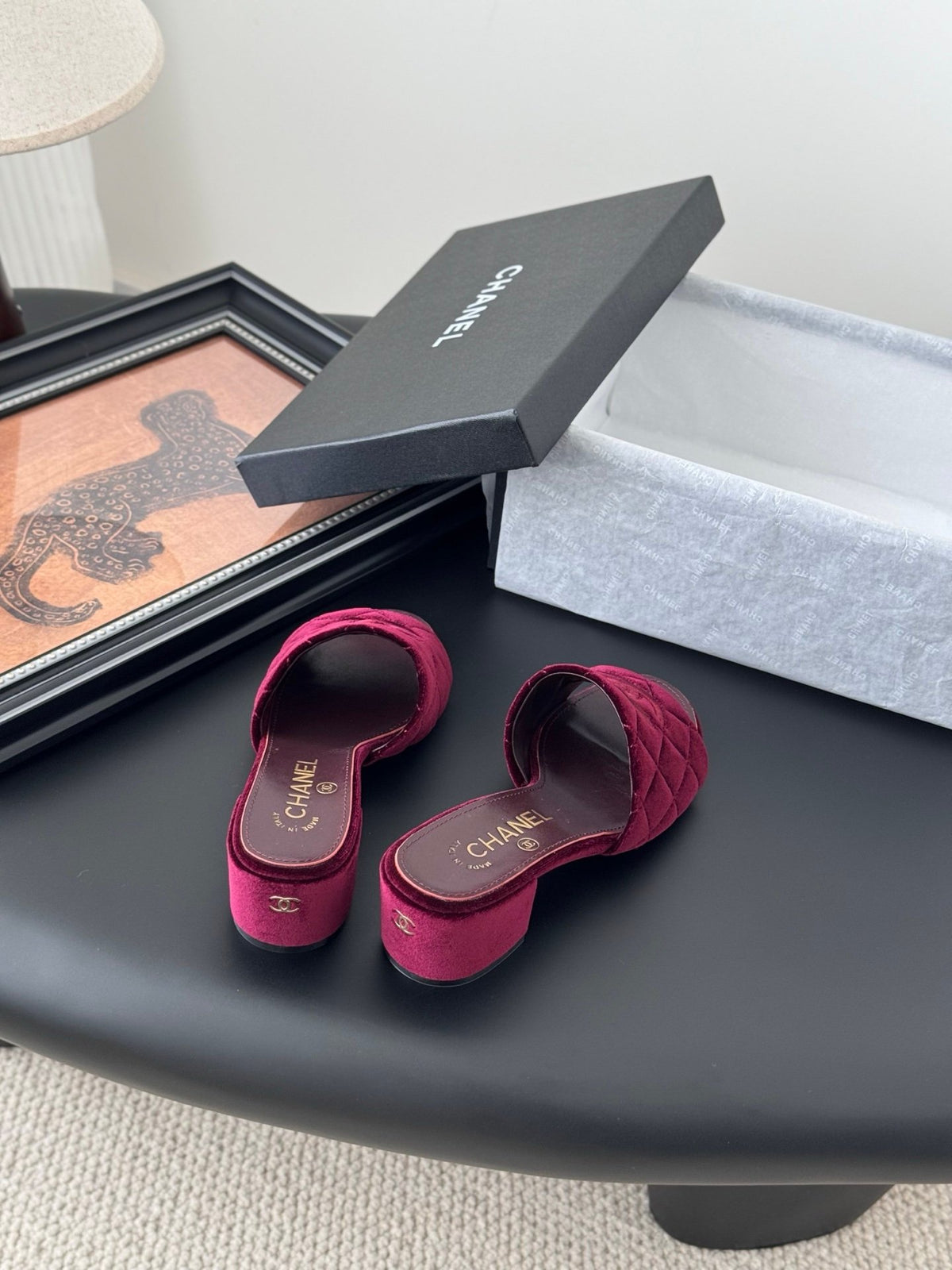 Chanel Women Burgundy Velvet Slide Sandals