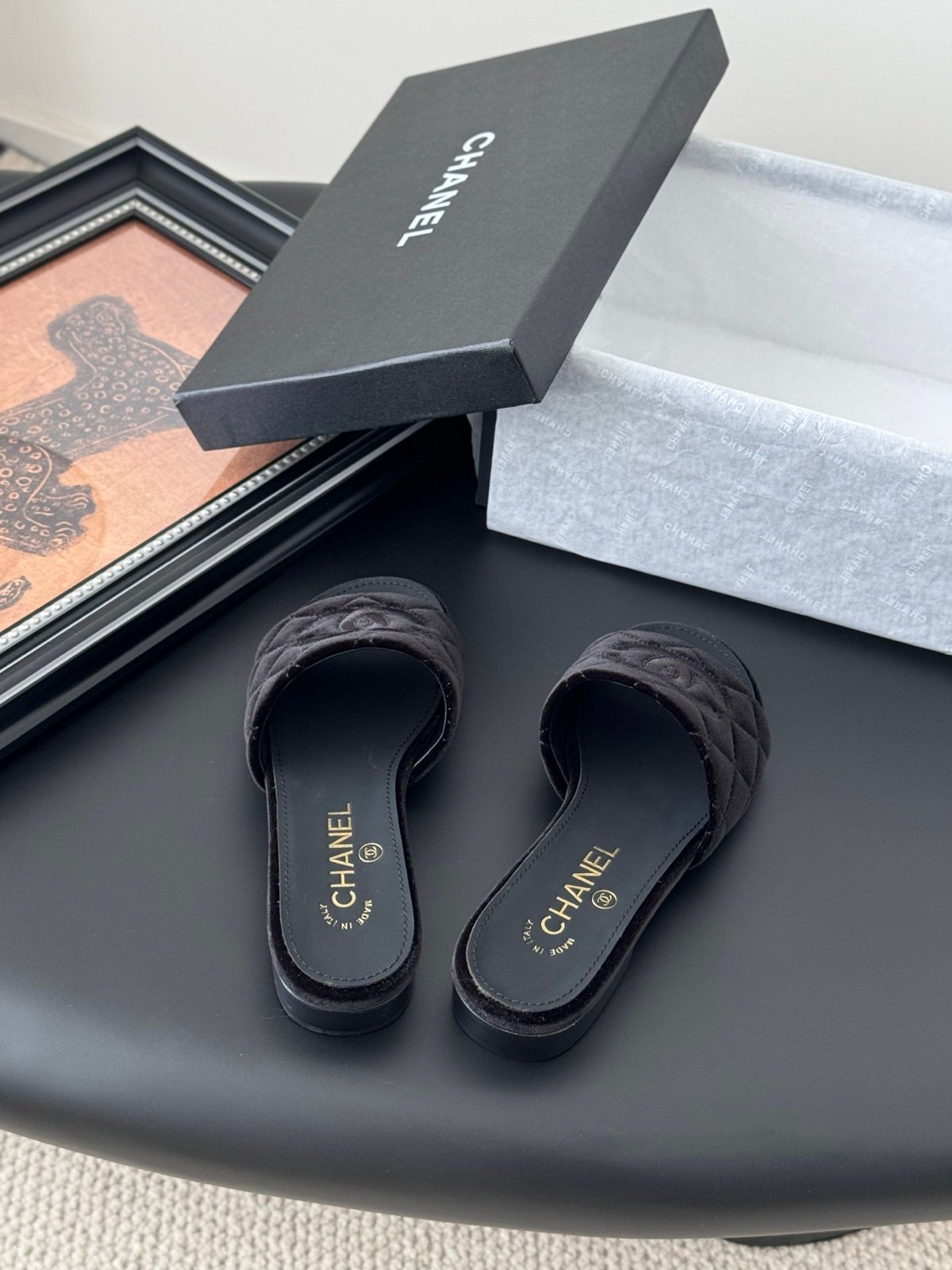 Chanel Women Black Velvet Quilted Slides