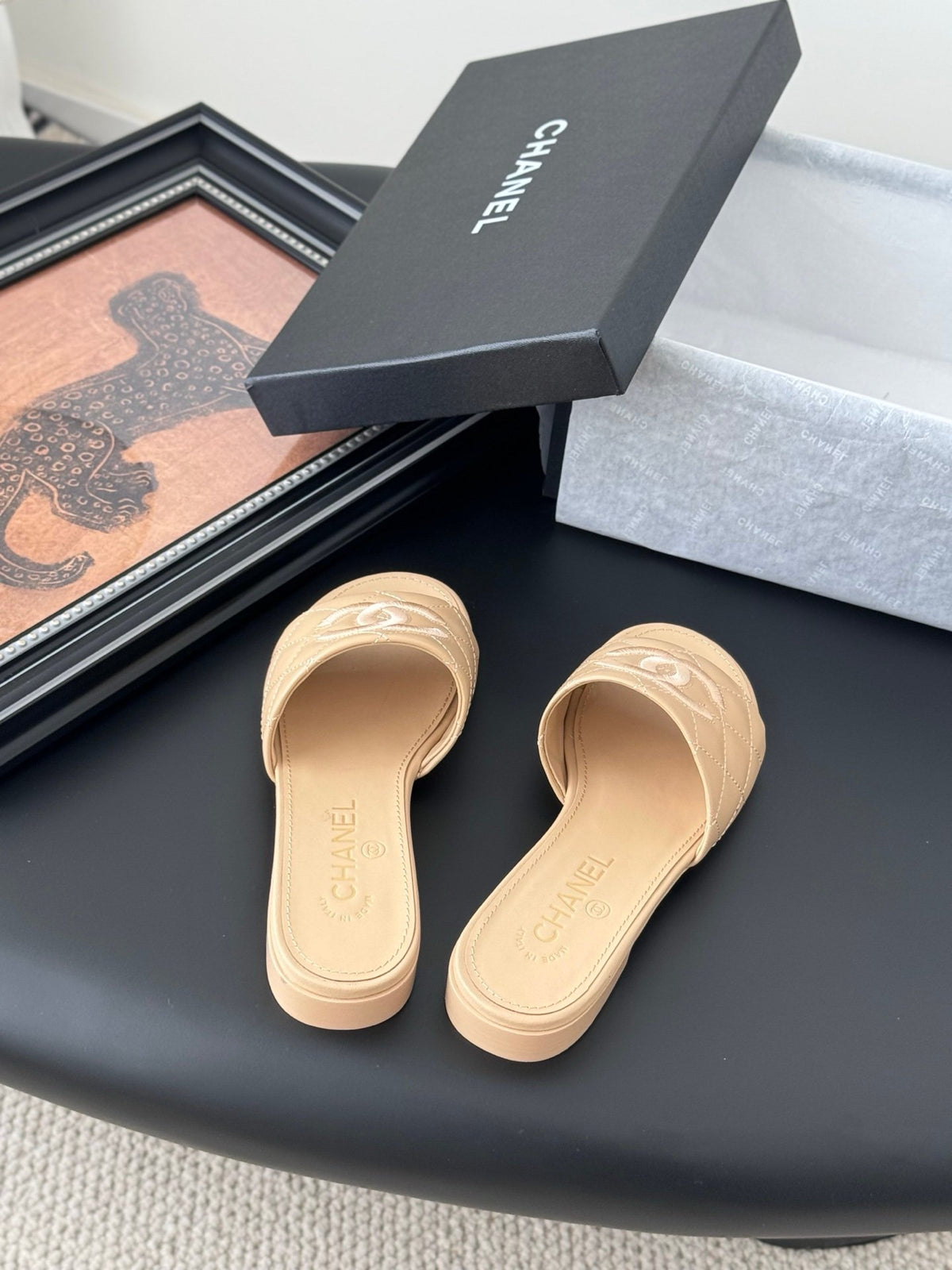 Chanel Women Beige Quilted Leather Slides