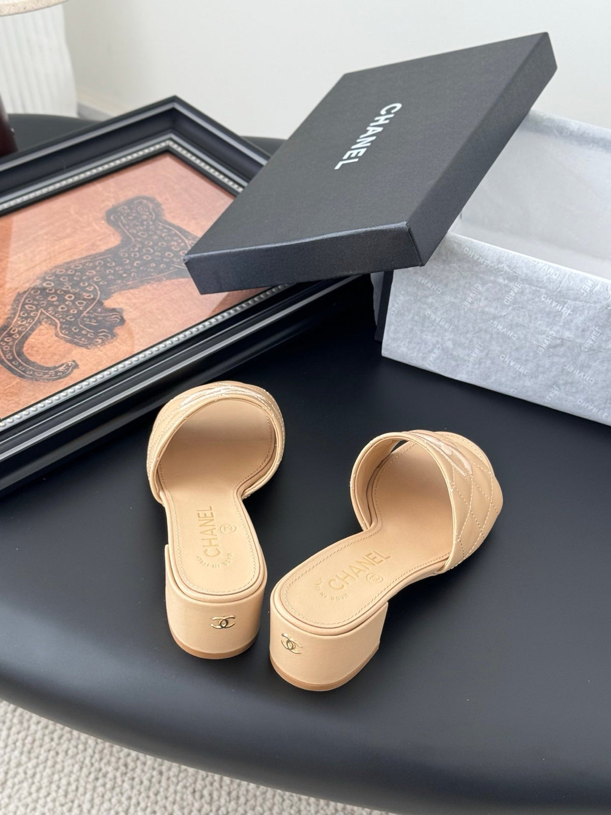 Chanel Women Beige Leather Quilted Slides
