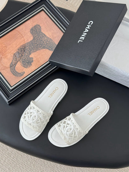 Chanel Women White Woven Leather Slides