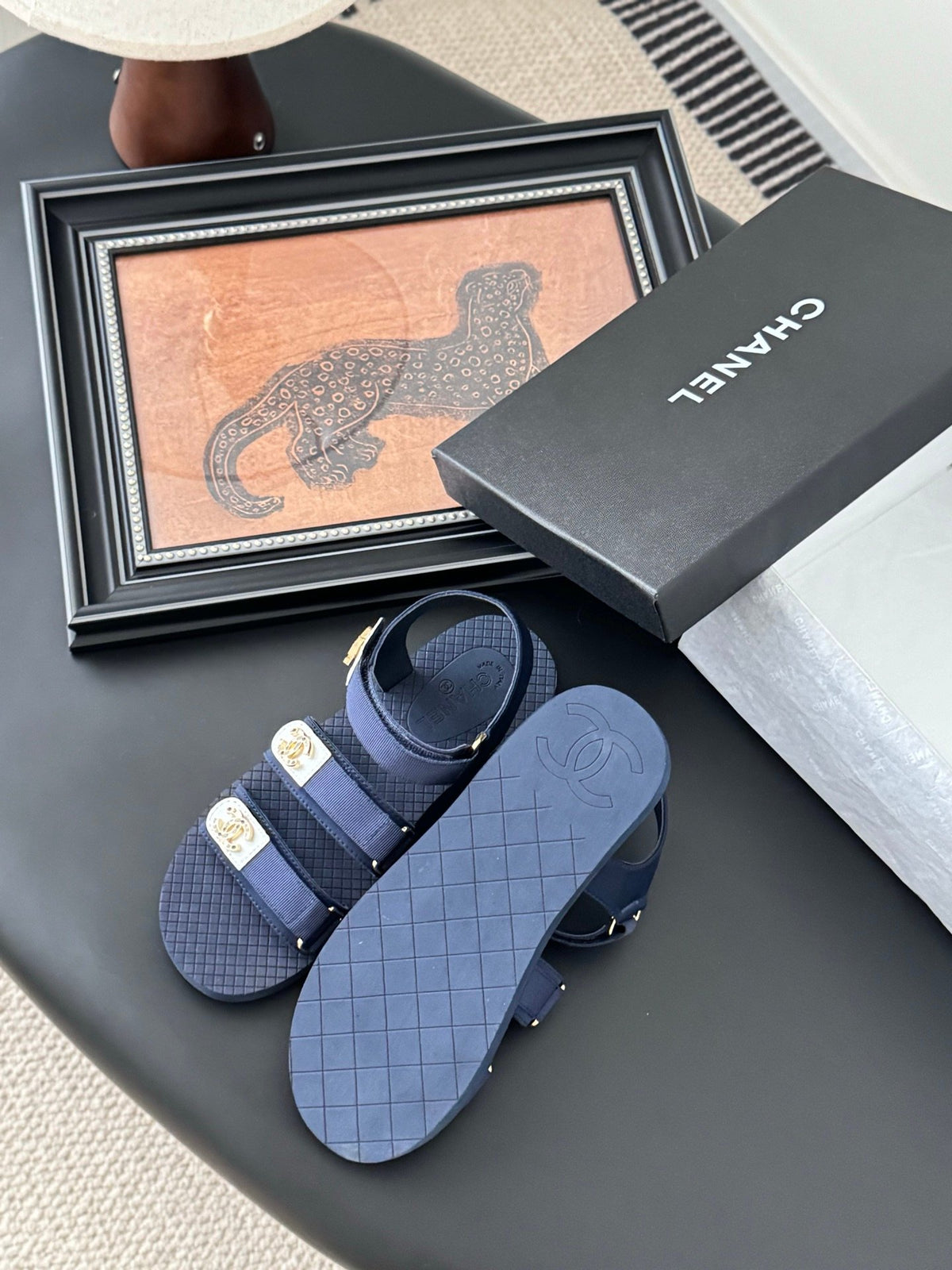 Chanel Women Navy Fabric And Rubber Sandals