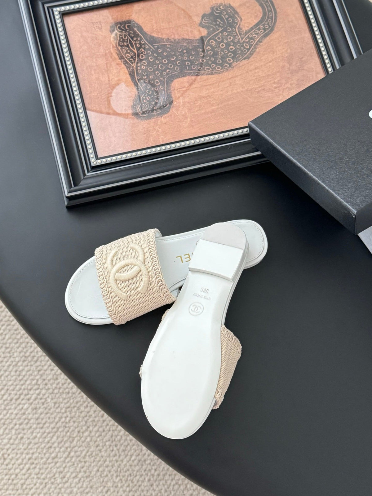 Chanel Women Beige Woven Fabric Slides