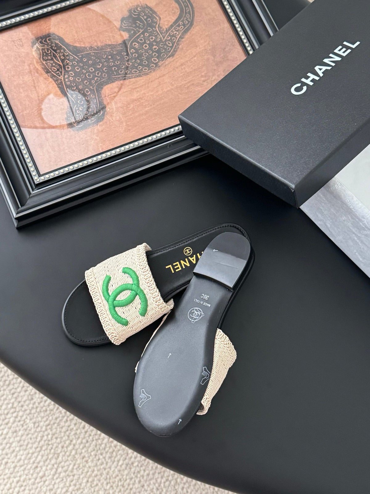 Chanel Women Beige Fabric Green Logo Slides