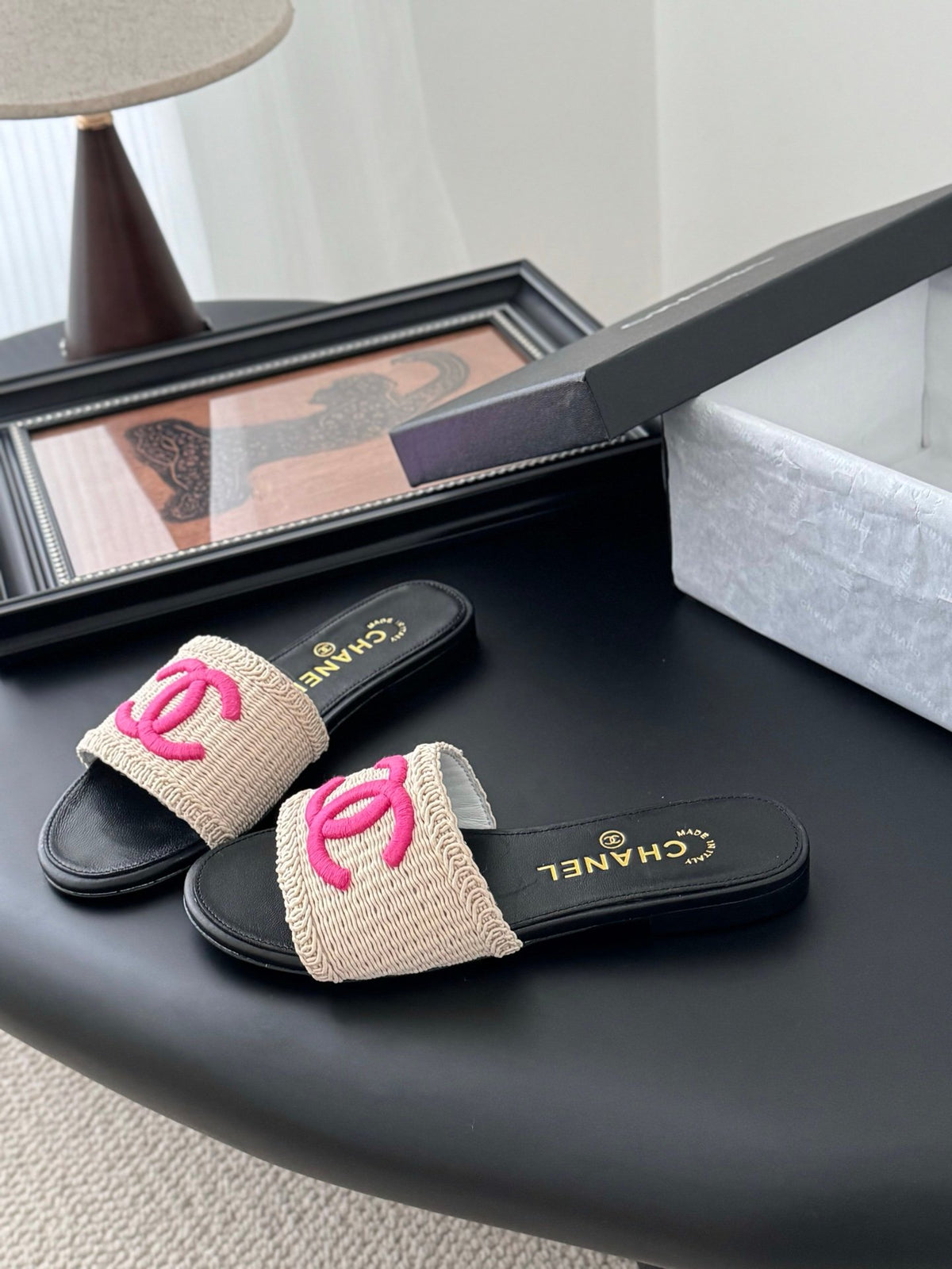 Chanel Women Black Leather And Beige Fabric Slides