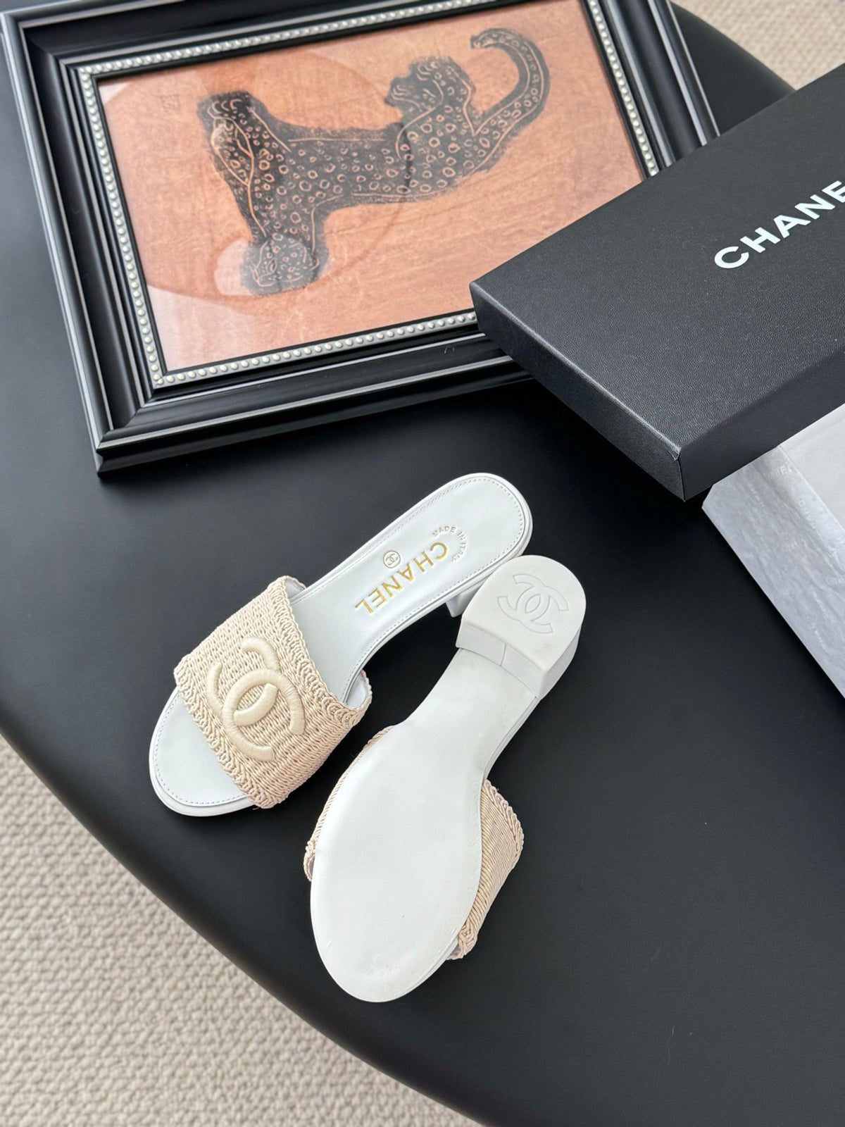 Chanel Women Beige Woven Fabric Slides