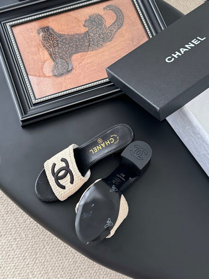 Chanel Women Beige Woven Fabric Black Leather Slides