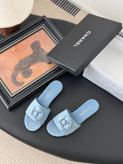Chanel Women Light Blue Fabric Slides
