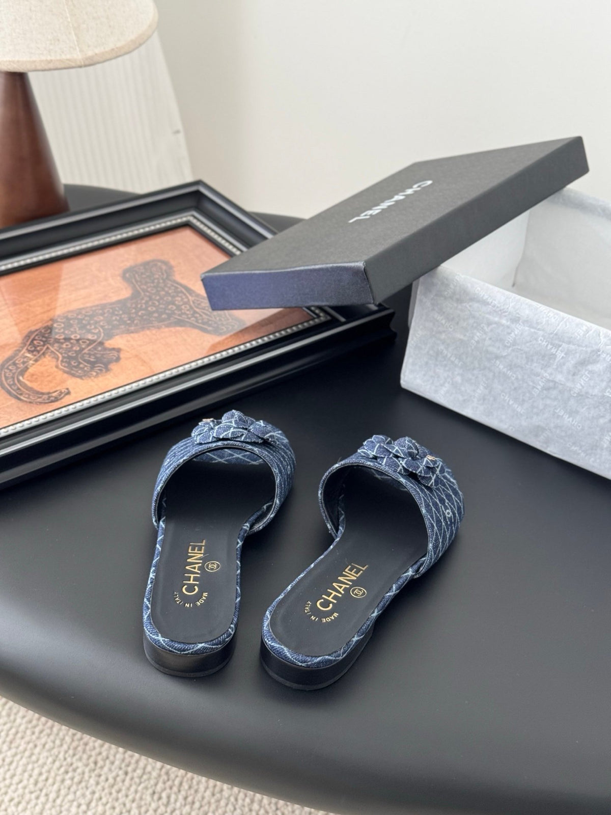 Chanel Women Blue Denim Mules Flats