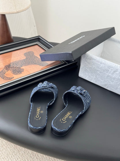 Chanel Women Blue Denim Mules Flats
