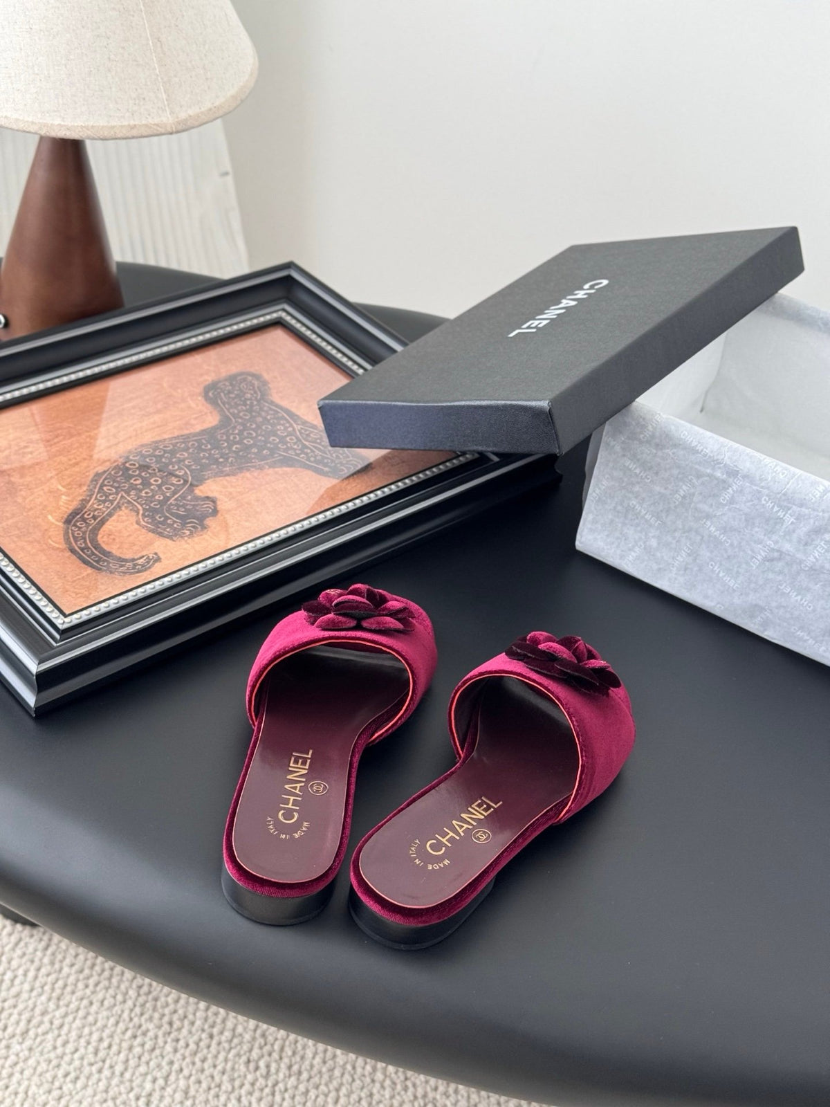 Chanel Women Burgundy Velvet Slides