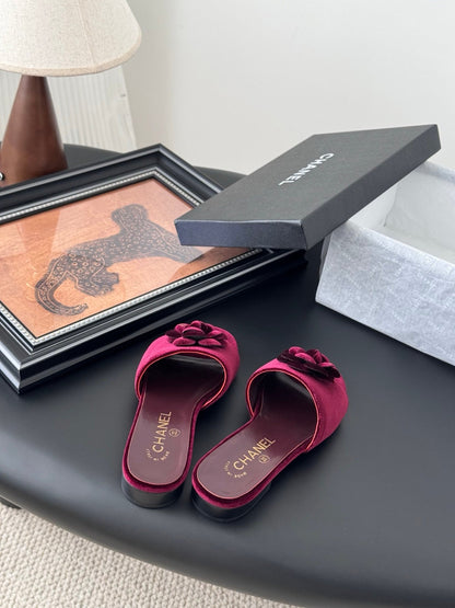 Chanel Women Burgundy Velvet Slides