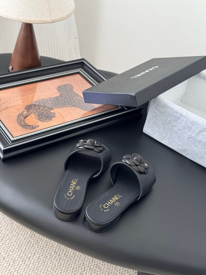 Chanel Women Black Leather Flower Detail Slides
