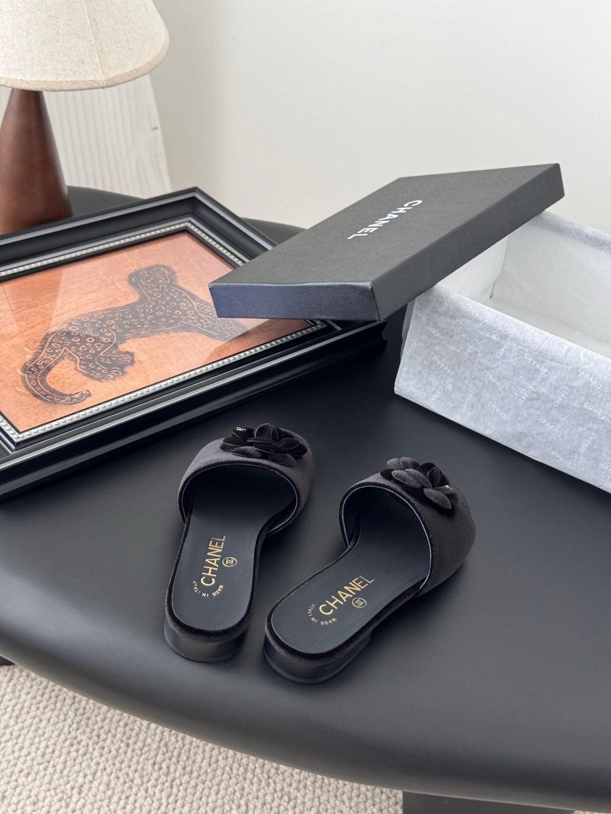 Chanel Women Black Velvet Flower Embellished Slides