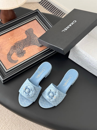 Chanel Women Light Blue Fabric Floral Slide Sandals