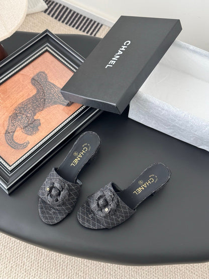 Chanel Women Black Fabric Quilted Mules