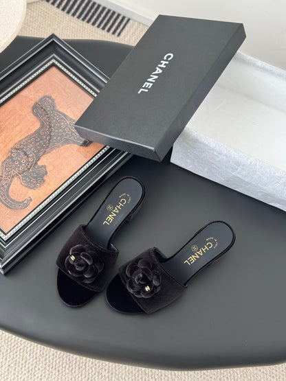 Chanel Women Black Velvet Flower Embellished Mules