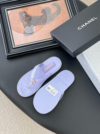 Chanel Women Light Purple Leather Slides