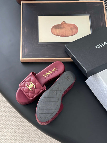 Chanel Women Burgundy Quilted Leather Slides