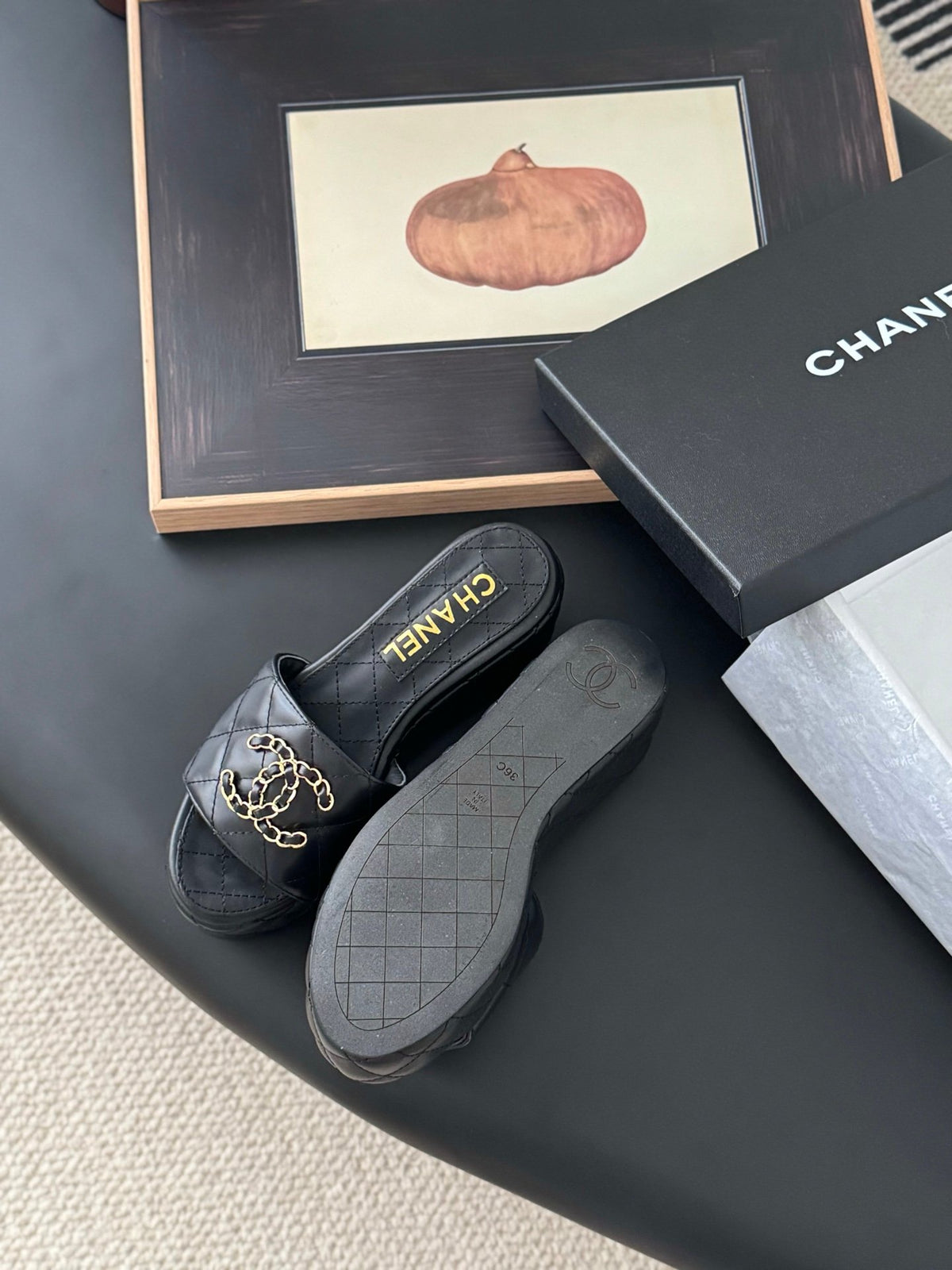 Chanel Women Black Leather Quilted Slides
