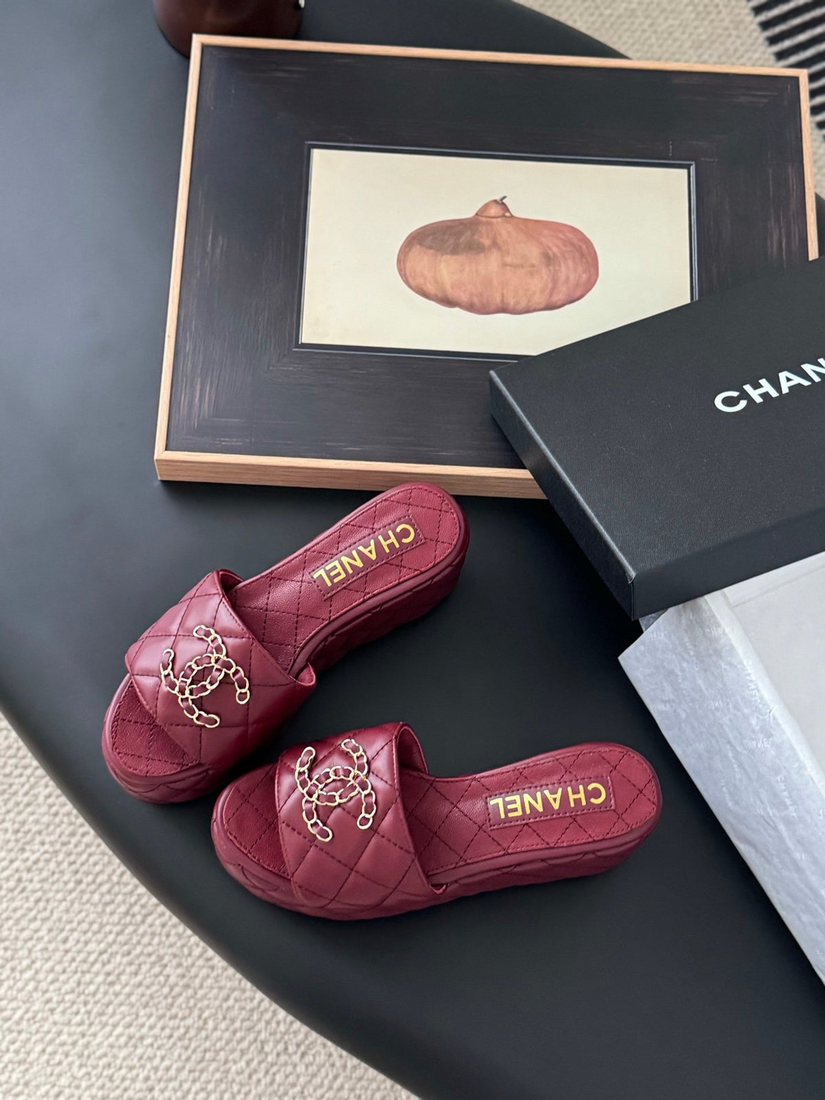 Chanel Women Burgundy Quilted Leather Slides