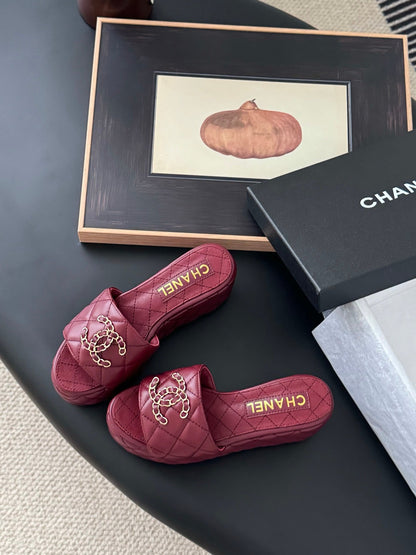 Chanel Women Burgundy Quilted Leather Slides