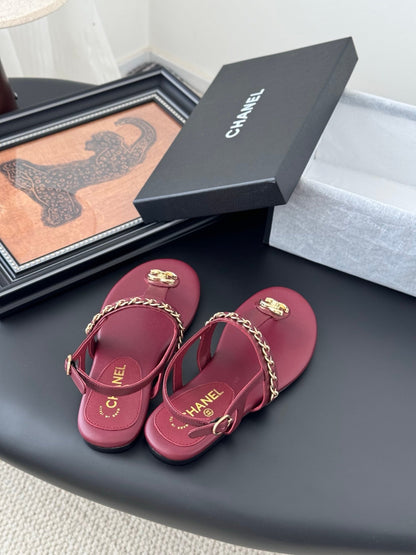 Chanel Women Burgundy Leather Sandals
