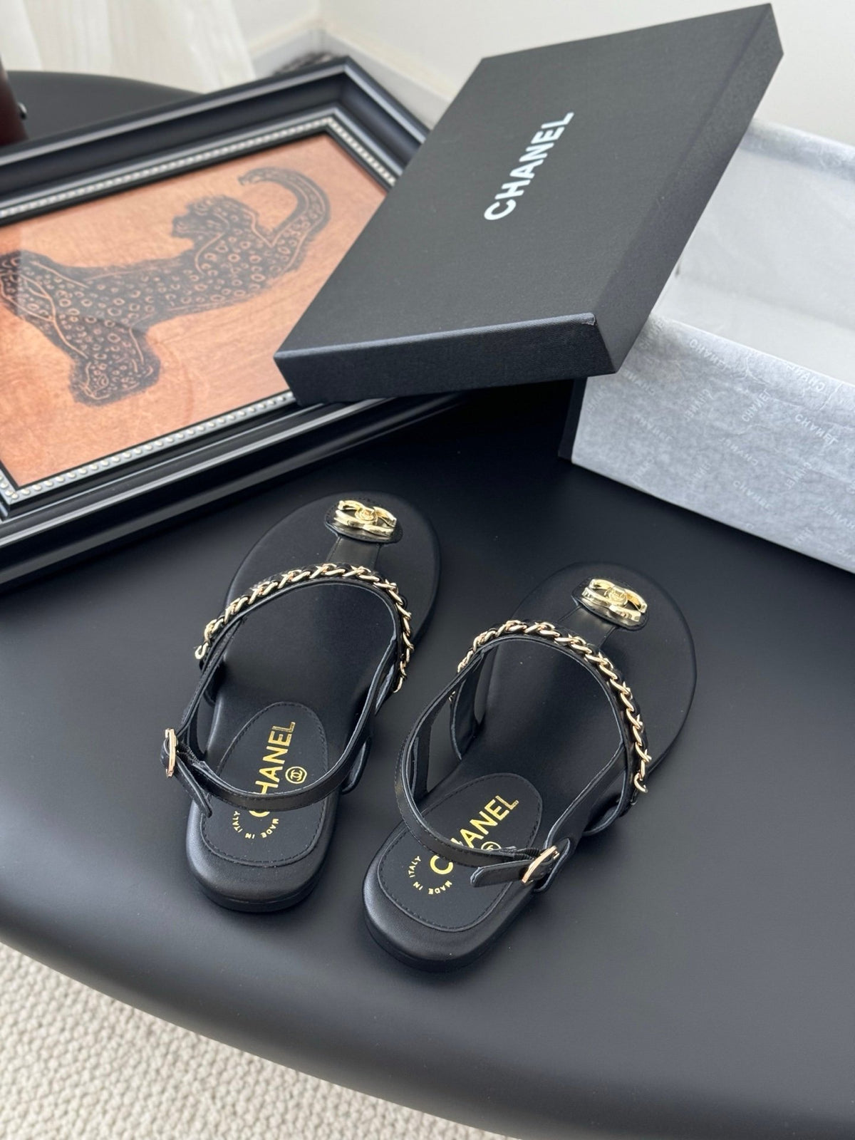 Chanel Women Black Leather Chain Detail Sandals