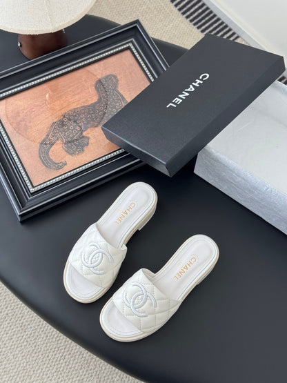 Chanel Women White Quilted Leather Slides