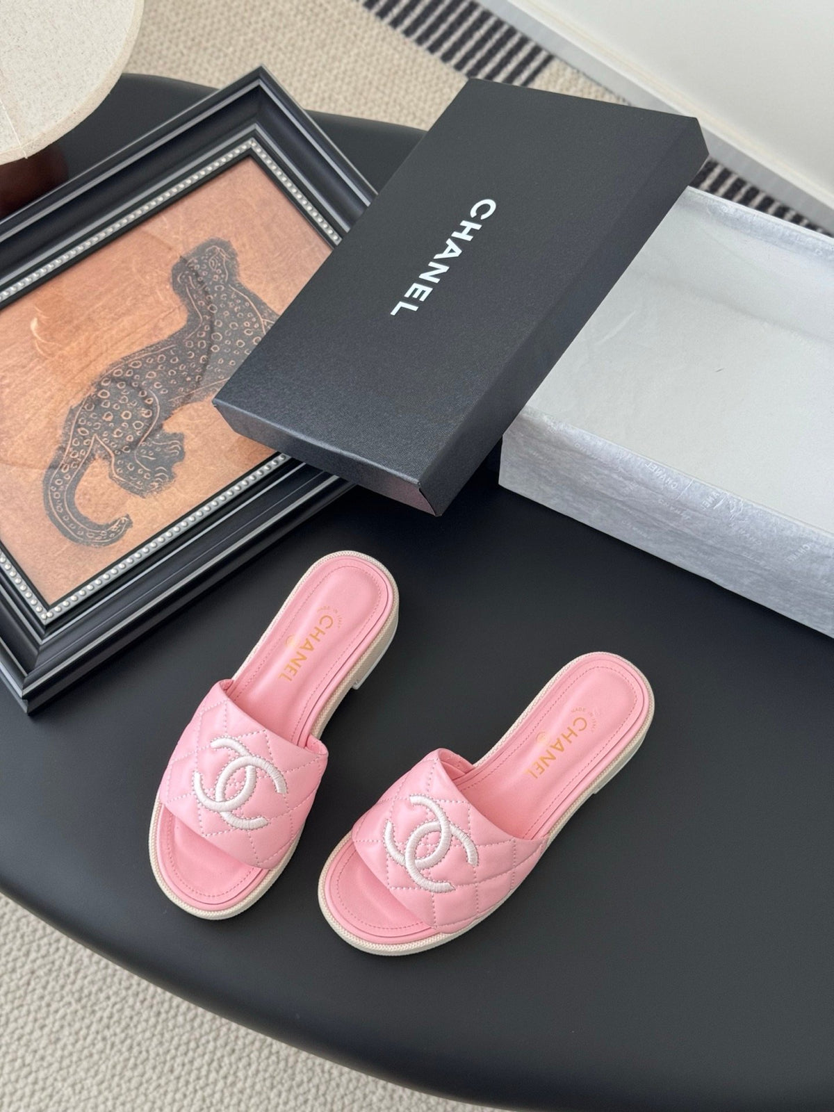 Chanel Women Pink Quilted Leather Slides