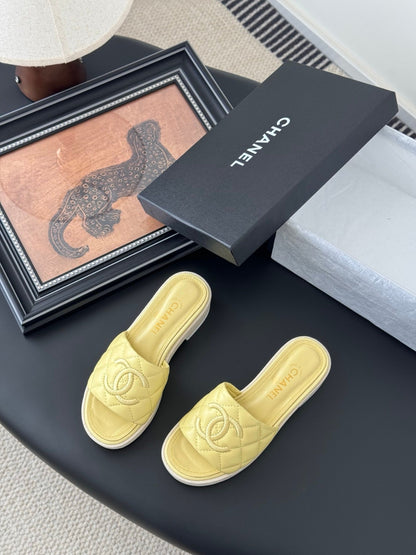 Chanel Women Yellow Quilted Leather Slides