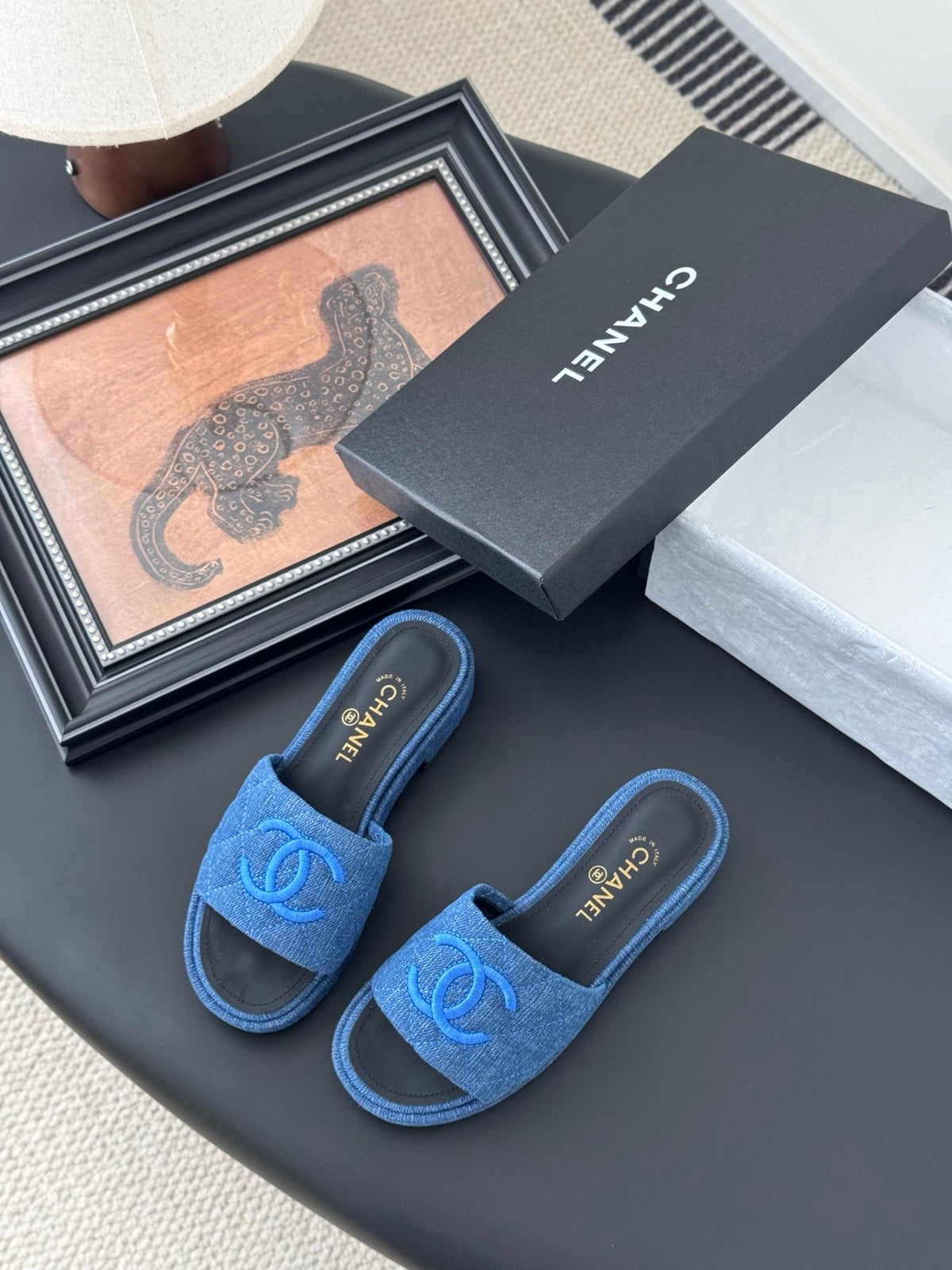 Chanel Women Blue Denim Slides