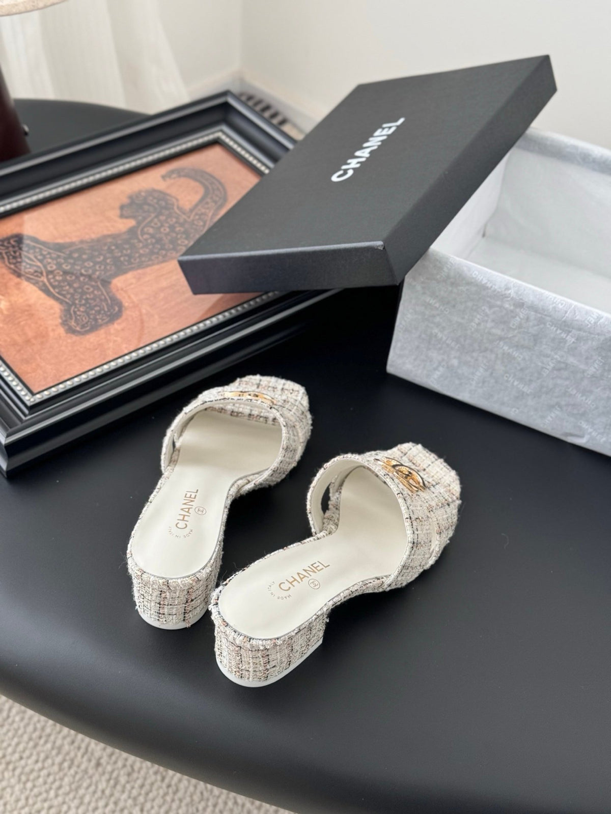 Chanel Women Cream Tweed Slides