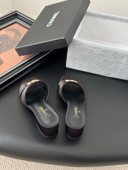 Chanel Women Dark Brown Satin Mules