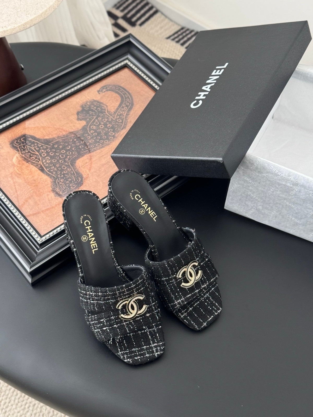 Chanel Women Black Tweed Mules