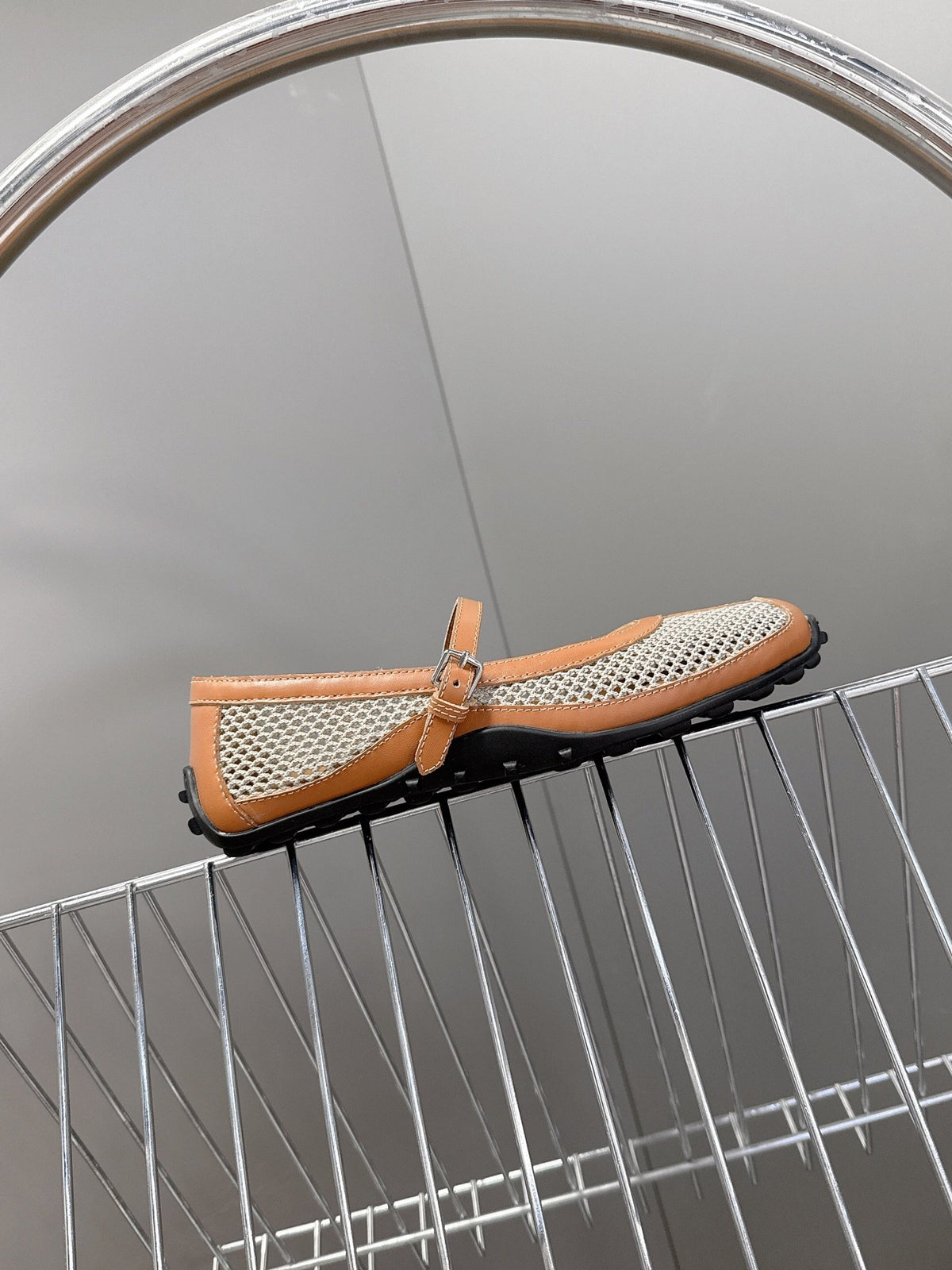 Hermes Women Beige Leather Mesh Mary Jane Flats