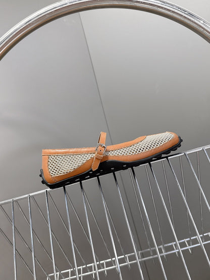 Hermes Women Beige Leather Mesh Mary Jane Flats