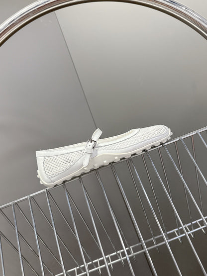 Hermes Women White Mesh Leather Mary Jane Flats