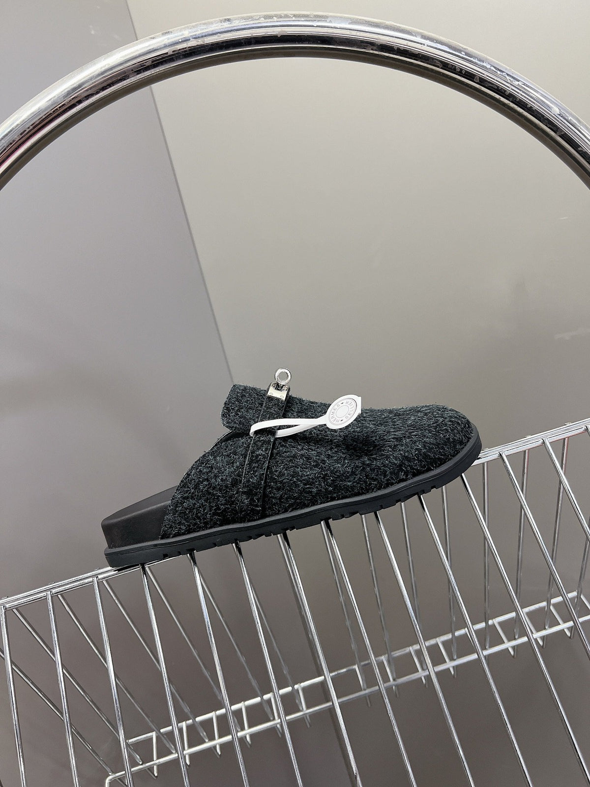 Hermes Women Black Fuzzy Fabric Mules