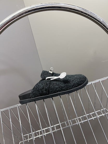 Hermes Women Black Fuzzy Fabric Mules