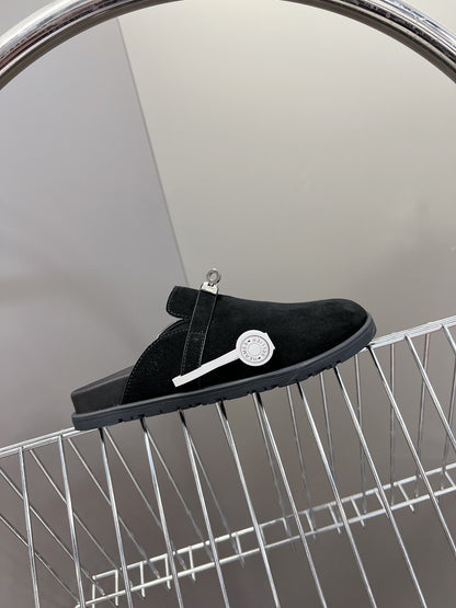 Hermes Women Black Suede Leather Slippers