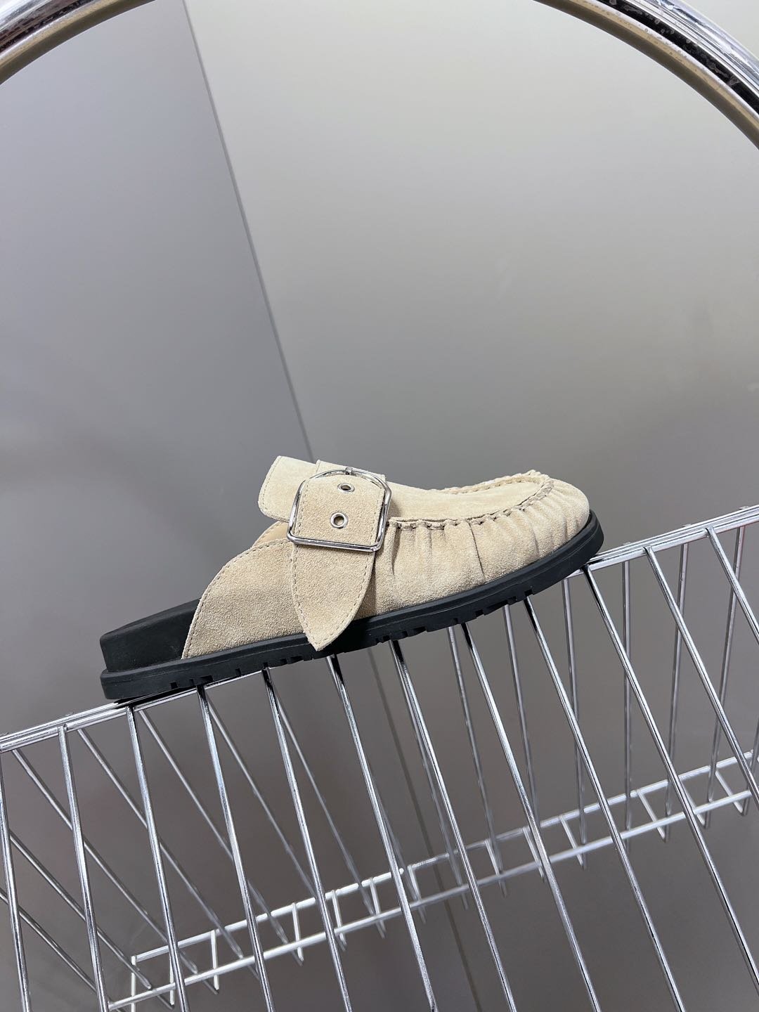 Hermes Women Beige Suede Buckle Mules