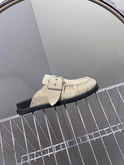 Hermes Women Beige Suede Buckle Mules