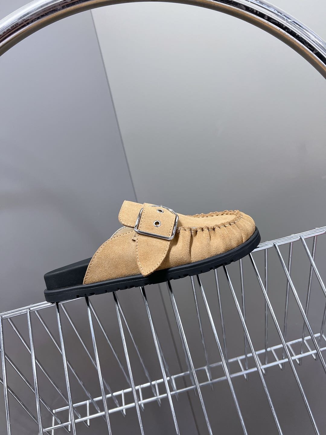 Hermes Women Beige Suede Buckle Mules