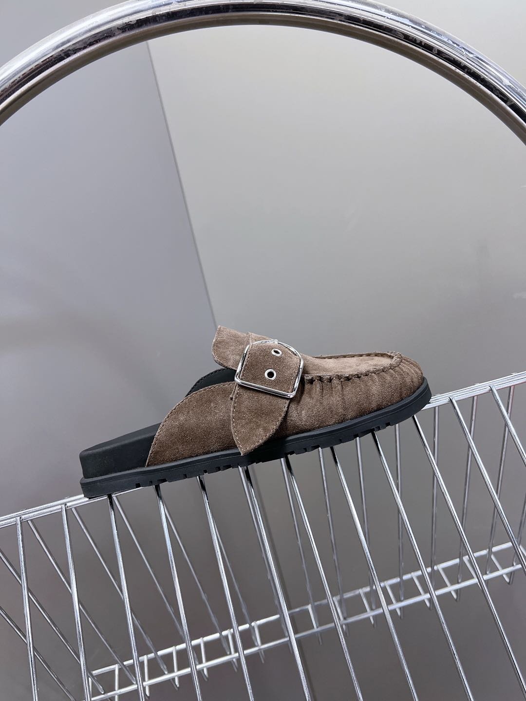 Hermes Women Brown Suede Buckle Mules